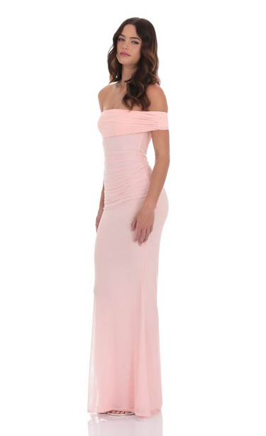 Lucy in the Sky Mesh Shell Off Shoulder Maxi Dress in Pink