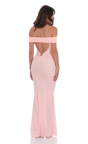 Lucy in the Sky Mesh Shell Off Shoulder Maxi Dress in Pink
