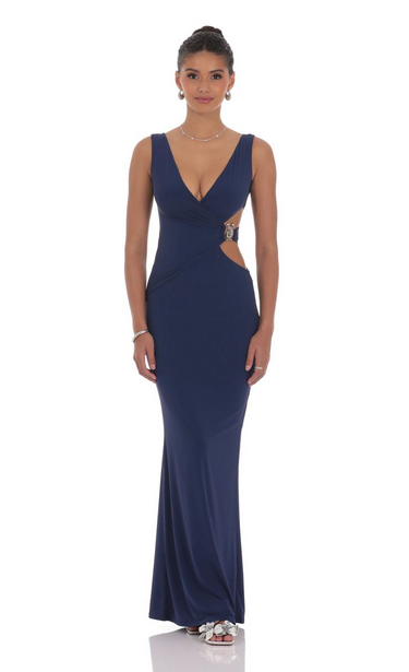 Lucy in the Sky V-Neck Conch Cutout Maxi Dress in Navy