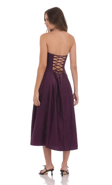 Lucy in the Sky Sheen Empire Waist Midi Dress in Purple Crinkle