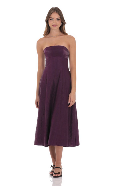 Lucy in the Sky Sheen Empire Waist Midi Dress in Purple Crinkle
