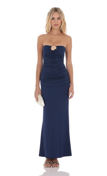 Lucy in the Sky Seashell Ruched Bodycon Maxi Dress in Navy