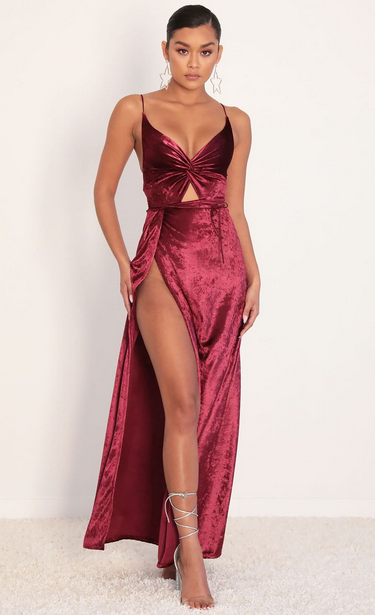 Lucy in the Sky Front Twist Velvet Maxi in Merlot