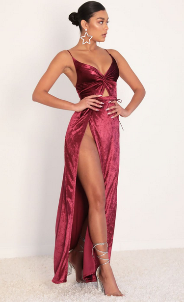 Lucy in the Sky Front Twist Velvet Maxi in Merlot