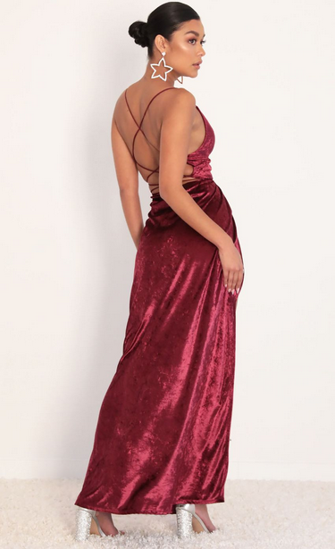 Lucy in the Sky Front Twist Velvet Maxi in Merlot