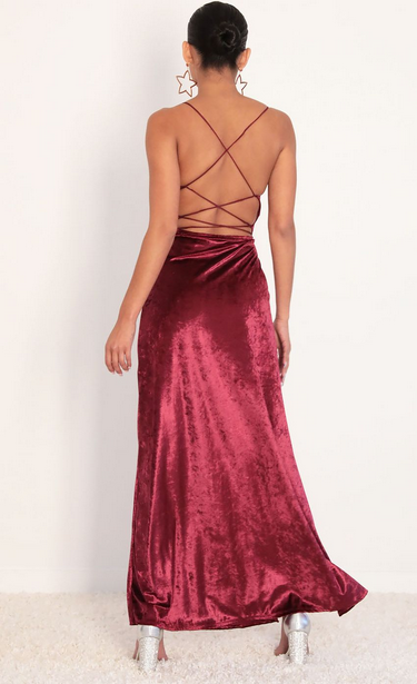 Lucy in the Sky Front Twist Velvet Maxi in Merlot