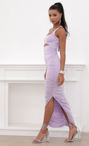 Lucy in the Sky Ruched Cutout Maxi in Lilac