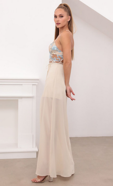 Lucy in the Sky Gold Lace Maxi Dress in Sand