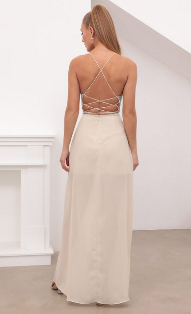 Lucy in the Sky Gold Lace Maxi Dress in Sand