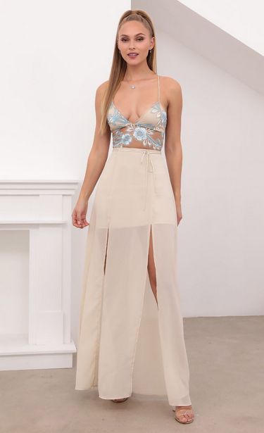 Lucy in the Sky Gold Lace Maxi Dress in Sand