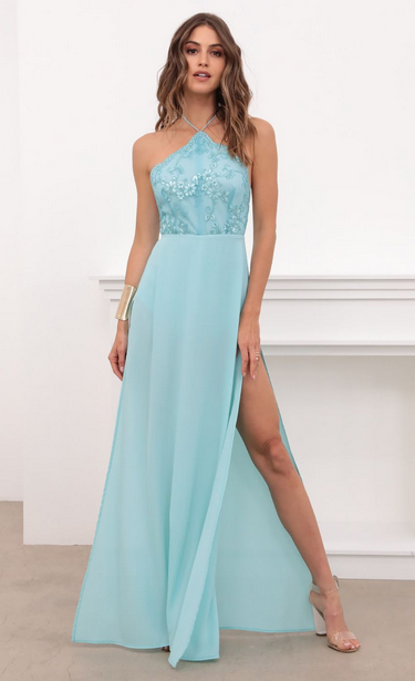 Lucy in the Sky Halter Lace Dress in Aqua