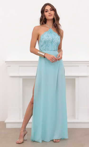 Lucy in the Sky Halter Lace Dress in Aqua