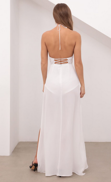 Lucy in the Sky Halter Lace Dress in White