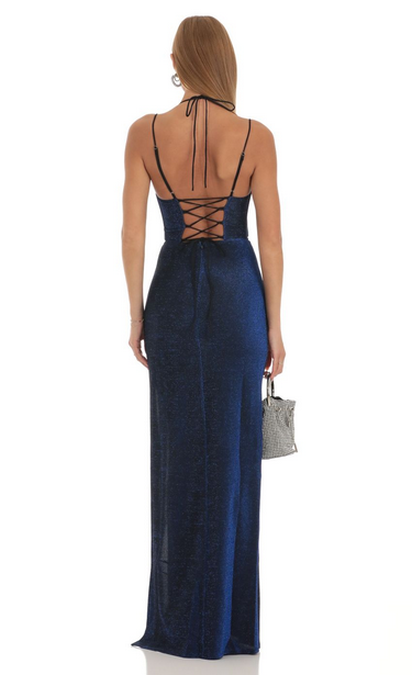 Lucy in the Sky Knit Corset Maxi Dress in Blue