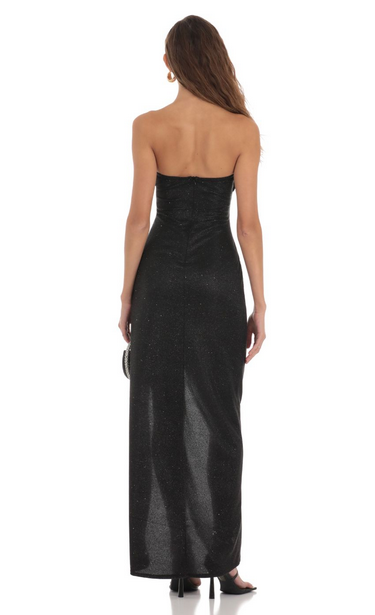 Lucy in the Sky Shimmer Mesh Strapless Maxi Dress in Black