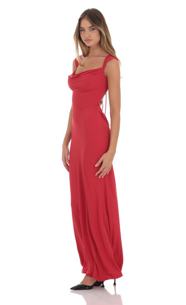Lucy in the Sky Strappy Cowl Neck Maxi Dress in Red
