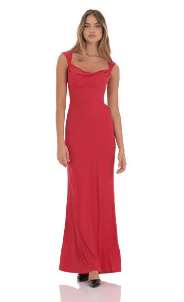 Lucy in the Sky Strappy Cowl Neck Maxi Dress in Red