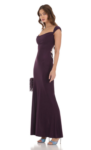 Lucy in the Sky Strappy Cowl Neck Maxi Dress in Purple