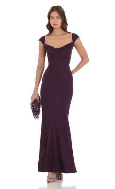 Lucy in the Sky Strappy Cowl Neck Maxi Dress in Purple