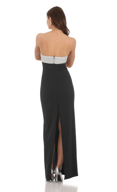 Lucy in the Sky Strapless White Sequin Maxi Dress in Black