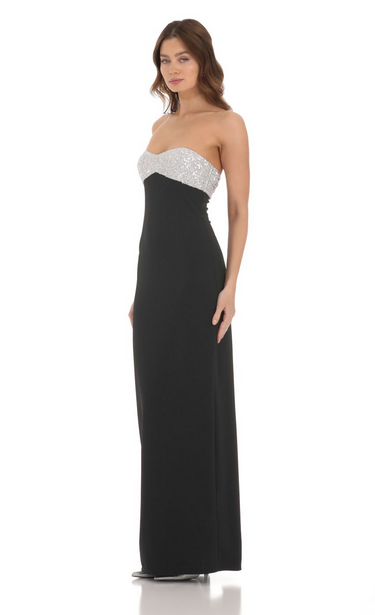 Lucy in the Sky Strapless White Sequin Maxi Dress in Black