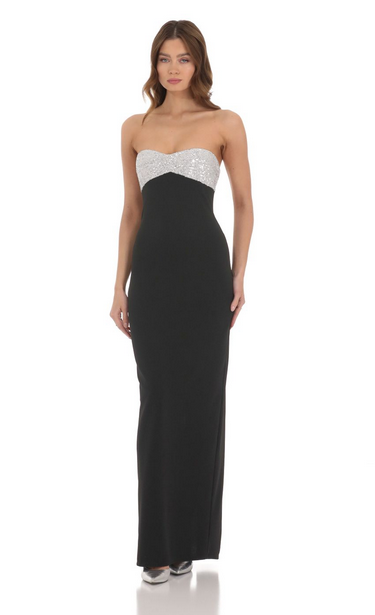 Lucy in the Sky Strapless White Sequin Maxi Dress in Black