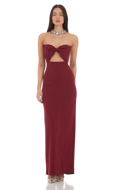 Lucy in the Sky Bow Cutout Strapless Maxi Dress in Maroon