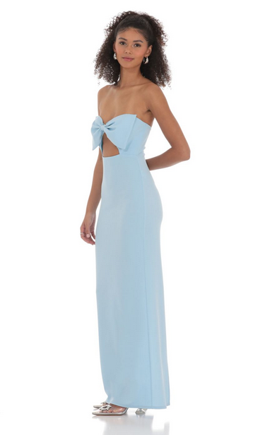 Lucy in the Sky Bow Cutout Strapless Maxi Dress in Blue
