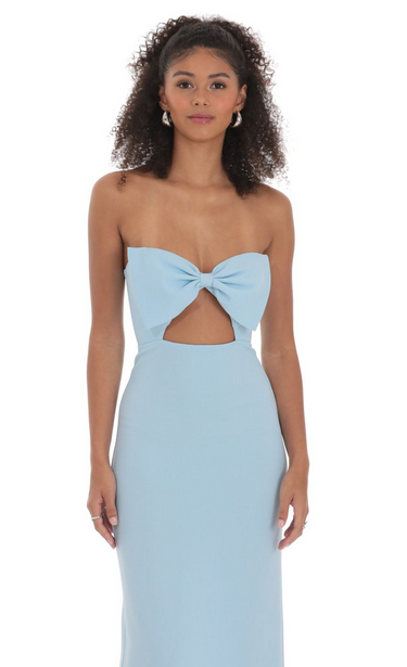 Lucy in the Sky Bow Cutout Strapless Maxi Dress in Blue
