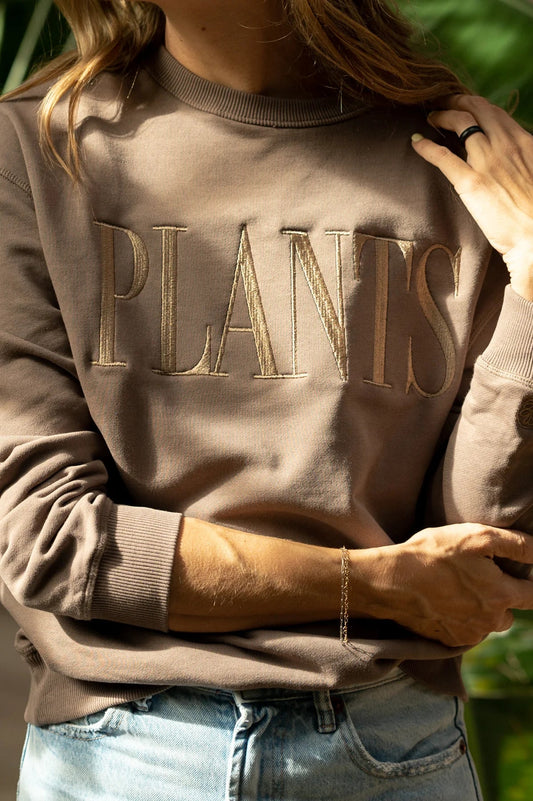 Happy Happy Houseplant Women's PLANTS Embroidered Crew Neck Sweatshirt in Musk