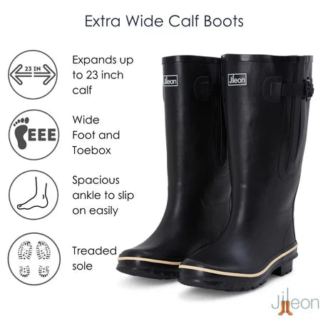 Jileon Rain Boots Extra Wide Calf Womens' Rain Boots - Black - 16-23 Inch Calf - Wide Foot & Ankle
