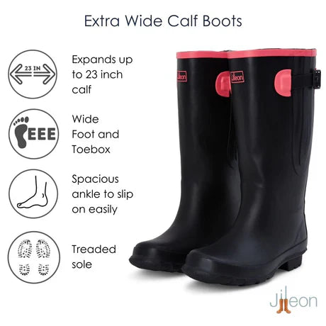 Jileon Rain Boots Extra Wide Calf Womens' Rain Boots - Black with Pink Trim - 16-23 Inch Calf - Wide in Foot & Ankle