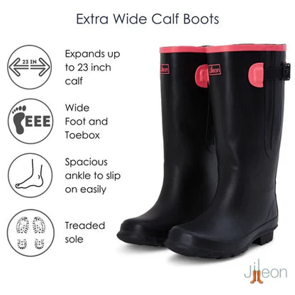 Jileon Rain Boots Extra Wide Calf Womens' Rain Boots - Black with Pink Trim - 16-23 Inch Calf - Wide in Foot & Ankle
