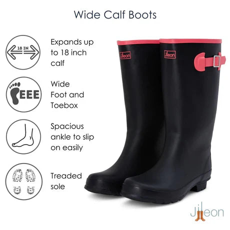Jileon Rain Boots Wide Calf Rain Boots - 15 to 18 inch Calf - Black with Pink Trim - Wide in Foot and Ankle