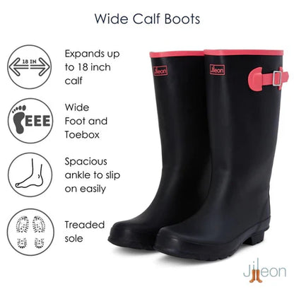 Jileon Rain Boots Wide Calf Rain Boots - 15 to 18 inch Calf - Black with Pink Trim - Wide in Foot and Ankle