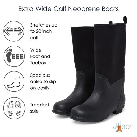 Jileon Rain Boots Extra Wide Calf Neoprene Rubber Rain Boots - Black - Up to 20 inch Calf - Wide in Foot and Ankle