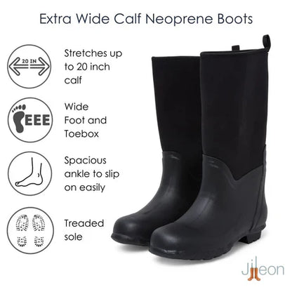 Jileon Rain Boots Extra Wide Calf Neoprene Rubber Rain Boots - Black - Up to 20 inch Calf - Wide in Foot and Ankle