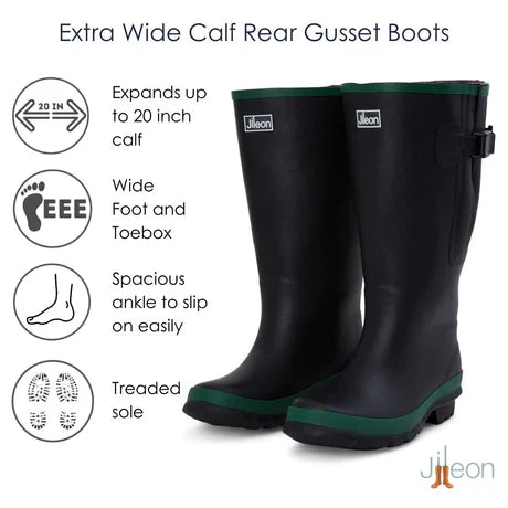 Jileon Rain Boots Extra Wide Calf Black Rain Boots - Fit 16 to 20 inch Calf - Wide in Foot and Ankle