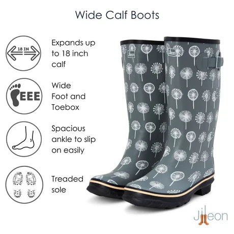 Jileon Rain Boots Wide Calf Rain Boots - 15 to 18 inch calf - Grey Dandelion - Wide in Foot and Ankle