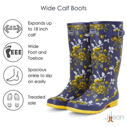 Jileon Rain Boots Wide Calf Rain Boots - 15 to 18 inch calf - Floral - Wide Fit in Foot and Ankle