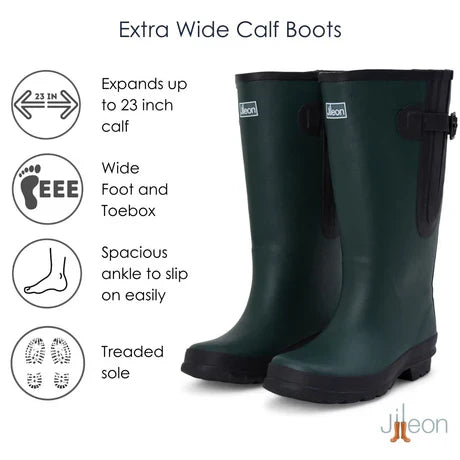 Jileon Rain Boots Extra Wide Calf Womens' Rain Boots - Green - 16-23 Inch Calf. Wide in Foot & Ankle