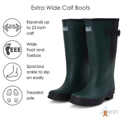 Jileon Rain Boots Extra Wide Calf Womens' Rain Boots - Green - 16-23 Inch Calf. Wide in Foot & Ankle