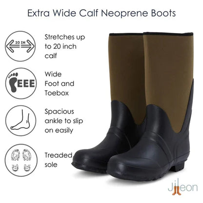 Jileon Rain Boots Extra Wide Calf Neoprene Rubber Rain Boots - Green - Up to 20 inch Calf - Wide in Foot and Ankle