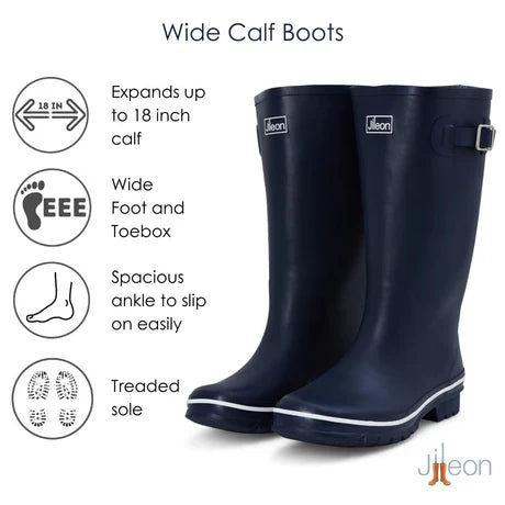 Jileon Rain Boots Wide Calf Rain Boots - 15 to 18 inch calf - Navy with Cream Trim - Wide in Foot and Ankle