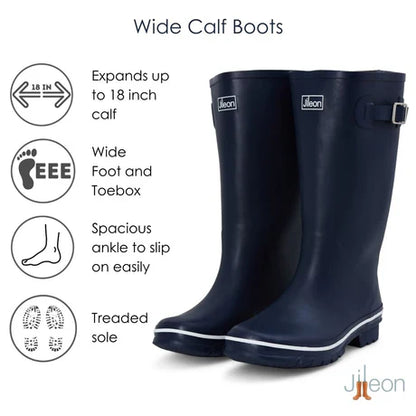 Jileon Rain Boots Wide Calf Rain Boots - 15 to 18 inch calf - Navy with Cream Trim - Wide in Foot and Ankle