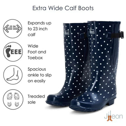 Jileon Rain Boots Extra Wide Calf Womens' Rain Boots - Navy Spots - 16-23 Inch Calf - Wide in Foot and Ankle