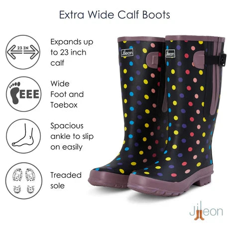 Jileon Rain Boots Extra Wide Calf Women's Spotty Rain Boots: 16-23 Inch Calf - Wide in Foot and Ankle