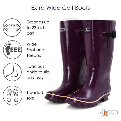 Jileon Rain Boots Extra Wide Calf Women's Rain Boots - Purple - Up to 23 Inch Calf - Wide Foot & Ankle