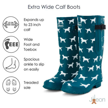 Jileon Rain Boots Extra Wide Calf Women's Rain Boots - Teal Dogs - 16-23 Inch Calf - Wide in Foot & Ankle