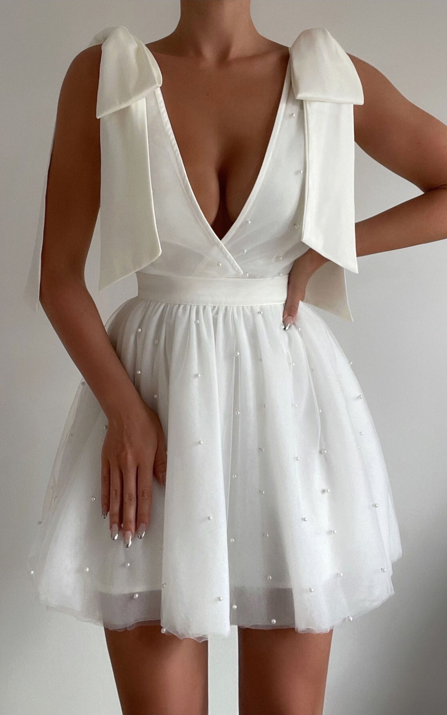 Showpo Karalyn Mini Dress - Bow Strap Plunge Pearl Detail Dress in White